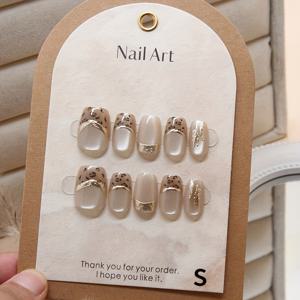 TEMU 손으로 만든 프린트 탈착 가능한 네일 아트 피스 - 골드 , 쇼트, 스퀘어 셰이프, 샤이니 마감