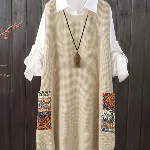 TEMU 플러스 사이즈 캐주얼 컬러블록 스웨터 드레스 - 라운드넥 민소매 풀오버, 포켓 디자인, 봄/가을 레이어링 원피스, 중동 스타일, 비침 방지 소재, 세탁기 사용 가능 여성용|나시원피스|민소매원피스