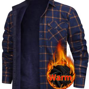 TEMU 남성용 겨울 플러스 벨벳 플란넬 체크무늬 두꺼운 따뜻한 셔츠, 주름 방지 라이트 베이지 친화적 부드러운 남성 가을/겨울 긴팔 가슴 더블 포켓 탄력 있는 캐주얼 버튼 탑, 크리스마스에 가장 적합