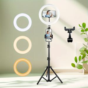 TEMU 2개의 휴대폰 홀더가 있는 8인치 LED 링 라이트 - 셀카, 사진 촬영, 비디오 녹화 및 회의용으로 조절 가능한 삼각대 스탠드 - 실내 사용, USB 전원, ≤36V, 사진 장비|조절 가능한 높이 스탠드|강력한 구조, LED 라이트