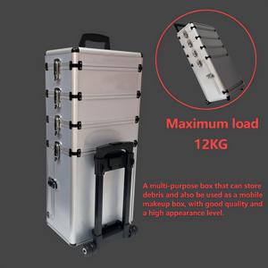 TEMU 4-In-1 대형 알루미늄 전문가용 메이크업 및 타투 롤링 툴 박스 (다층 디자인, 여행용 정리함, 360° 회전 바퀴 포함) - 실버 & 블랙