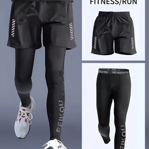 TEMU 남성용 2pcs 액티브웨어 세트 - 고탄성 니트 폴리에스터, 빠른 건조 러닝 반바지 및 레깅스, 