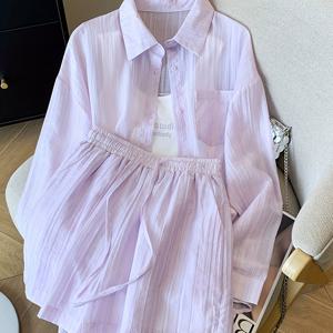 TEMU 여성용 연한 파란색 줄무늬 셔츠와 반바지 세트 - 캐주얼, 루즈핏, 긴팔, 단추, 끈 조절 허리, 사계절 착용, 캐주얼 의상|줄무늬 패턴|단추 탑