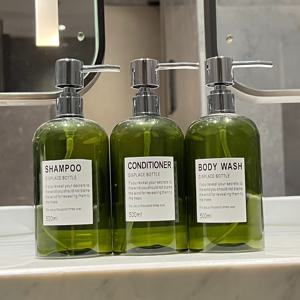 TEMU 삼종 세트 – 500ml 대용량 다크 그린 리필 가능 병, 샴푸·컨디셔너·리브인·메이크업 리무버·토너·로션 사용 가능; 무료 방수 라벨 포함