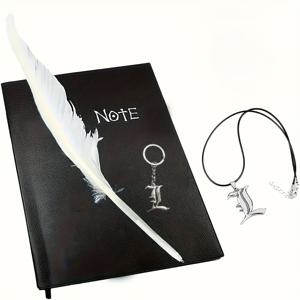 TEMU 4pcs 애니메이션 선물 세트 - 일본식 스타일의 글쓰기 저널, 깃털 펜 및 L-체인과 키체인 - 애니메이션 팬을 위한 코스프레 액세서리, 귀여운 스테이션리 컬렉션|편지지