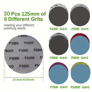 TEMU 30pcs 125mm 후크 및 루프 샌딩 디스크, 습식/건식 모래 패드, 1000/2000/3000/5000/7000/10000 그릿, 5 인치 실리콘 카바이드 무리를 짓는 사포, 목재/자동차/금속 표면/보석 연마에 사용