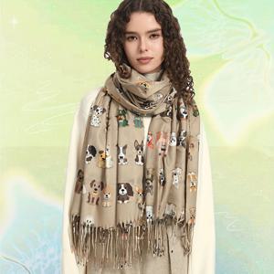 TEMU 시크한 강아지 프린트 스카프 - 여성용 포근한 폴리에스테르, 신축성 없는 숄 | 가을 & 겨울 완벽한 액세서리, 개 스카프
