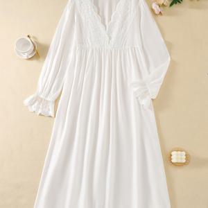 TEMU 여성용 V넥 긴팔 나이트 드레스, 프랑스 스타일 달콤한 캐주얼 잠옷, 52% 비스코스 48% 폴리에스테르, 올 시즌 단색과 대비 레이스 디테일, 직조 직물, 103 gsm - 성인용