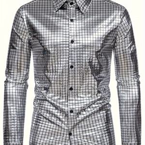 TEMU 남성용 골드 글리터 프린트 긴팔 버튼 셔츠, 파티 셔츠,특별한 날,스타일리시한 디자인,포일 디테일링,편안한 착용감,신축성 있는 원단,패션 셔츠, 피스,패션포워드,젊은 전문가들