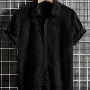 TEMU 여름 해변 파티, 휴가를 위한 남성용 솔리드 홀로우 아웃 라펠 반팔 버튼 업 셔츠