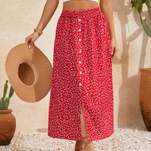 TEMU 여성용 우아한 꽃무늬 맥시 스커트 장식 버튼 - 하이웨이스트, A라인 실루엣, 봄/여름 패션에 완벽