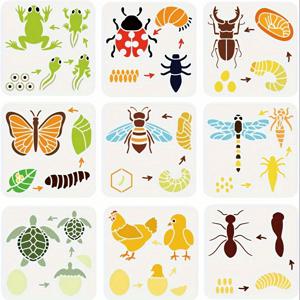 TEMU 9개 동물 성장 그림 템플릿 7.8 x 7.8인치 (약 19.8 x 19.8cm) 재사용 가능한 동물 성장 주기 템플릿 개구리, 무당벌레, 버드벅, 나비, 벌, 잠자리, 거북이, 닭, 개미 패턴, 동물 테마 템플릿