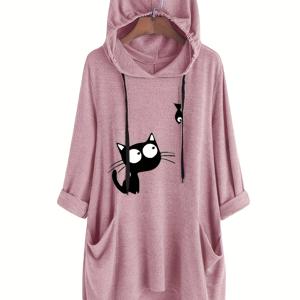 TEMU 여성용 우아한 블랙 캣 그래픽 후드 스웨트셔츠 - 소프트 핑크 조절 가능한 끈, 긴팔 풀오버, 가을용 세탁 가능 후디, 포근한 가을 의류, 재미있는 고양이 디자인, 편안한 가을 패션