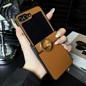 TEMU 삼성 zflip3/4 접이식 모바일 폰 케이스에 적합한 심플 비즈니스 플레인 인조 가죽 그레인 링 버클, zflip5 방지용 보호 케이스