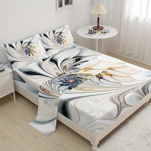 TEMU 고급스러운 4피스 대리석 패턴 침구 세트 - 장착식 시트, 평면 시트 & 베개 커버 2개 포함, 통기성 폴리에스테르, 세탁기 사용 가능 - 사계절 내내 완벽함