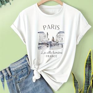 TEMU 여성용 파리 그래픽 티셔츠, 라운드 넥 반팔 티셔츠, 레트로 건축물 프린트, 캐주얼 여름 상의, 빈티지 스타일