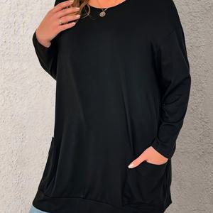 TEMU 플러스 사이즈 여성용 긴팔 티셔츠 - 블랙 라운드넥 루즈핏 포켓 탑, 중간 신축성 기계 세탁 가능 가을 겨울 캐주얼 & 정장용, 편안한 일상 티, 유연한 실루엣, 기능성 포켓