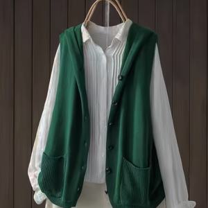 TEMU 우아한 후드 니트 조끼 여성용 - 단색 레이온 버튼업 팔없는 카디건 포켓付き - 약간 늘어나는 일반 길이 가을/겨울 조끼