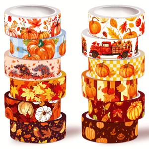 TEMU 가을 와시 테이프 세트: 12개의 사랑스러운 , 호박, 단풍잎, 그리고 체크 무늬 트랙터 디자인 - 공예, 저널링, 선물 포장에 완벽합니다.