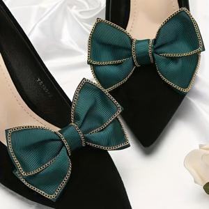 TEMU 시크한 그린 보우 체인 신발 클립 - 하이힐 & 플랫용 DIY 탈착식 패브릭 장식, 캐주얼 여행에 완벽