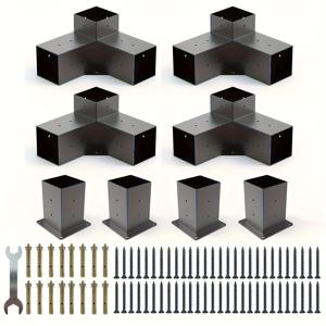 TEMU 헤비듀티 페르골라 키트 - 블랙 브라켓 & DIY 포스트 베이스 포함, 조절 가능한 3방향 직각 코너 시스템, 쉬운 조립을 위한 사전 구멍, 목재 빔/가제보/파티오 커버 호환 (올웨더 아웃도어)