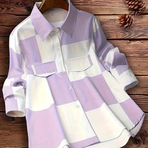 TEMU 체크무늬 버튼 프론트 셔츠, 캐주얼 롱 슬리브 터너오버 셔츠, 여성 의류