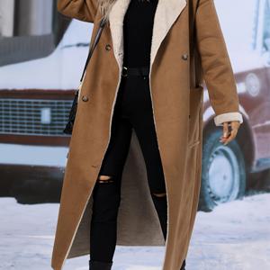 TEMU 여성용 우아한 브라운 & 화이트 컬러블록 코트 - 100% 폴리에스터, 라펠 칼라가 있는 사계절 캐주얼 및 정장용 기계 세탁 가능 겨울 코트