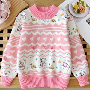 TEMU 2025 가을 겨울 소녀용 니트 풀오버 스웨터, 귀여운 캐릭터 크로스보더 탑 (유아 및 중아용)