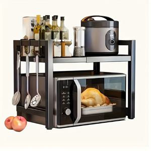 TEMU 2단 및 6개 후크가 있는 스테인리스 스틸 전자레인지 선반 수직 주방 카운터탑 확장형 수납 랙