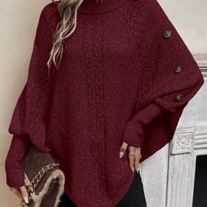 TEMU 플러스 사이즈 여성용 폰초 스타일 스웨터 - 하이넥 긴팔 버튼 프론트, 단색 기계 세탁 가능 가을 겨울 캐주얼 시크 탑