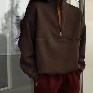 TEMU 여성 캐주얼 단색 및 지퍼 디테일 스웨트셔츠 - 긴 소매, 스탠드 칼라, 약간의 스트레치, 가을/겨울 패션, 커피 브라운, 캐주얼 웨어 | 지퍼 디테일 탑 | 편안한 Fi