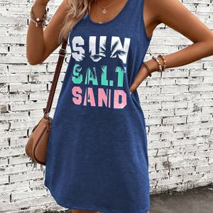 TEMU 여성용 민소매 니트 원피스, 캐주얼 폴리에스테르 알파벳 프린트 