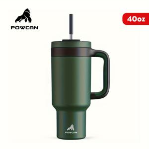 TEMU Powcan 40oz 스테인리스 텀블러 뚜껑 & 빨대 포함 - 누수 방지, BPA 프리 보온/보냉 물병, 야외 활동, 캠핑, 하이킹, 운전에 완벽|텀블러