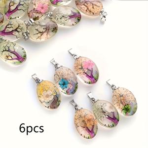 TEMU 6개 생명의 나무 꽃무늬 투명 유리 펜던트, 오벌 패션 유리 장식, DIY 주얼리 만들기용, 팔찌와 목걸이용 우아한 펜던트, 최고의 휴일 선물, 생일 선물, 혼합 색상