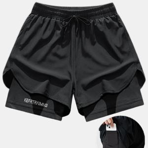 TEMU 남성용 2-in-1 빠른 건조 러닝 반바지 - 통기성, 수분 흡수 운동 및 농구 반바지, 끈 조절 허리