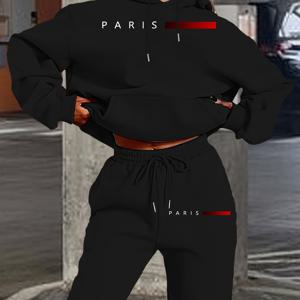 TEMU 2024 시크한 여성용 파리 영감 후드티 & 조거 세트 - 캐주얼 긴팔 앞주머니, 폴리에스테르, 세탁기 사용 가능, 블랙