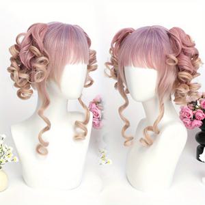 TEMU 여성용 숏 밥 가발 - 퍼플 핑크 그라데이션 컬리 헤어, 애니메이션/만화 스타일 더블 브레이드 포니테일 클립, 탄력 네트, 할로윈 파티 코스튬 (핑크 투 라벤더 옴브레) - 접착제/바느질 불필요