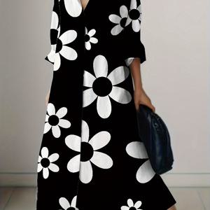 TEMU 플러스 사이즈 꽃 프린트 드레스 - 우아한 V넥, 반팔, 모든 계절을 위한 비스턴드 셔팅 드레스, 블랙 앤 화이트 데이지 패턴, 캐주얼에서 반정형 착용, 캐주얼 의상|꽃 프린트 드레스|V넥 라인 드레스