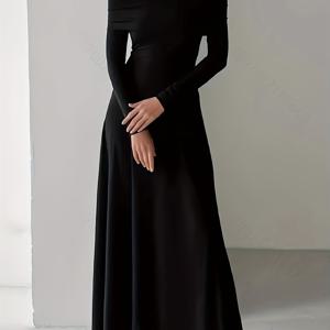 TEMU 여성을 위한 우아한 프랑스 니트 드레스 1개, 캐주얼 오프숄더 롱 드레스, 폴리에스테르 섬유, 단색, 슬림핏, 봄/가을 시즌, 성인용 - 180g/m² 가벼운 소재