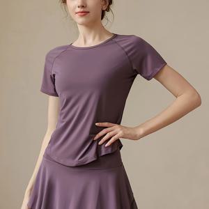 TEMU 2개 여성용 빠른 건조 고탄력 요가 세트 - 애슬레틱 반팔 크롭탑 & 메쉬 패널 하이웨이스트 쇼츠, 체육관 및 수영복 스타일, 운동부터 비치웨어까지, 퍼플 & 블랙 (세탁기 사용 가능), 러닝, 체육관, 필라테스용|필라테스복