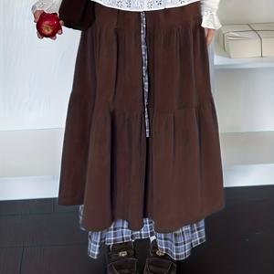 TEMU 여성용 헤비듀티 더블 레이어 빈티지 케이크 스커트 - 우아한 브라운, 세탁기 사용 가능, 가을/겨울용 비침 방지 원단, 정장 및 일상복 - 여성 패션 스커트, 겨울 옷장, 레이스업 디테일, 내구성 있는 구조, 스타일리시 하의, 캐주얼 웨어, 레트로 스타일, 고품질 소재, 사무실 의상, 여성용 롱 스커트, 플리츠 스커트, 플레어 스커트, 미니스커트