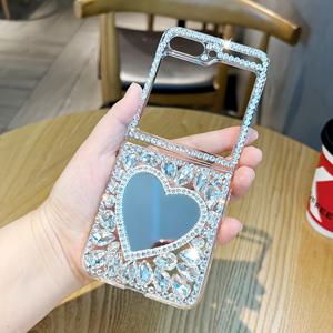 TEMU 러브 미러 디자인 럭셔리 라인스톤 고급 소녀 패션 폰 케이스, 플립 6 / Z 플립 5용 반짝이는 우아한 핸드메이드 방탄 커버