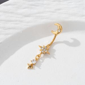 TEMU 1개 우아한 여성용 배꼽 반지, 황금빛 달과 별 펜던트와 반짝이는 큐빅 지르코니아, 파티 및 연회용 섬세한 구리 바디 주얼리, 파티 액세서리|천체 테마 주얼리|지르코니아 장식