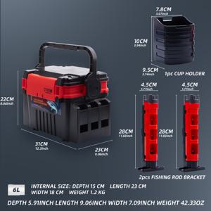 TEMU 1pc FISHINGFANS 듀얼 레이어 낚시 도구 상자 세트, 액세서리 포함, 6L & 12L 용량, 방수, 내구성 ABS 소재, 스포츠 스타일, 유니버설 피트, 잠금 클로저, 캠핑용 컵 거치대 및 2개의 낚시대 거치대 포함|스포츠|낚시대