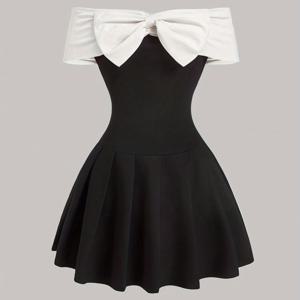 TEMU 여성용 우아한 오프숄더 A라인 드레스 - 크고 아름다운 리본 디테일, 레드 & 화이트 컬러 블록, 소매 없음, 폴리에스터, 봄/여름에 완벽한 캐주얼 의상|리본 디테일 드레스|폴리에스터 드레스