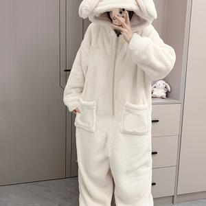TEMU 여성용 만화 강아지 후드 플리스 안감 점프수트 파자마 - 두꺼운 겨울 잠옷 & 아우터웨어, 지퍼 클로저, 세탁 가능한 편안한 홈웨어, 귀여운 동물 코스튬, 앞쪽 지퍼, 푹신한 질감