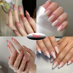 TEMU 96개의 발레 코핀 프레스온 네일, 단색과 그라데이션 톤을 특징으로 중간 길이, 광택 있는 표면, 꽃과 하트 패턴, 네일 파일 및 젤리 글루가 포함된 네일 팁을 위한 제품입니다.