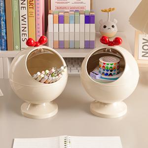 TEMU 거실, 커피 테이블, 프론트 데스크, 바 카운터에 적합한 투명 커버가 있는 다기능 베이지 원형 플라스틱 책상 수납 상자, 귀여운 사탕 및 스낵 디스펜서, 집안 정리용 데스크탑 및 서랍 수납 박스|데스크테리어