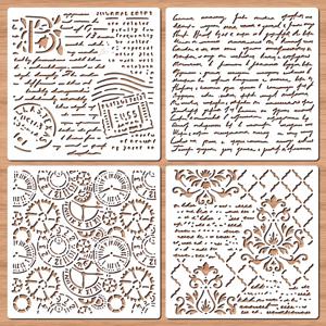 TEMU 4개 빈티지 시리즈 스텐실 세트, 7.87인치 봉투 꽃 & 스크립트 배경 스텐실 재사용 가능, 플라스틱 DIY 공예 텍스처 템플릿, 목재 벽에 그림 그리기, 스크랩북, 카드 만들기, 앨범, 공예, 음악 노트, 가구 및 홈 데코용