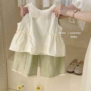 TEMU 여름의 기쁨: 세련된 화이트 & 핑크 프릴 슬리브리스 탱크 탑과 매칭되는 반바지 세트 - 스트레치 폴리에스테르, 크루 넥, 포켓 디테일, 캐주얼한 여름 의상에 완벽함, 여름 캐주얼 의상 | 프릴 헴 탑 | 포켓 디테일 | 스트레치 없는 소재, 야외용